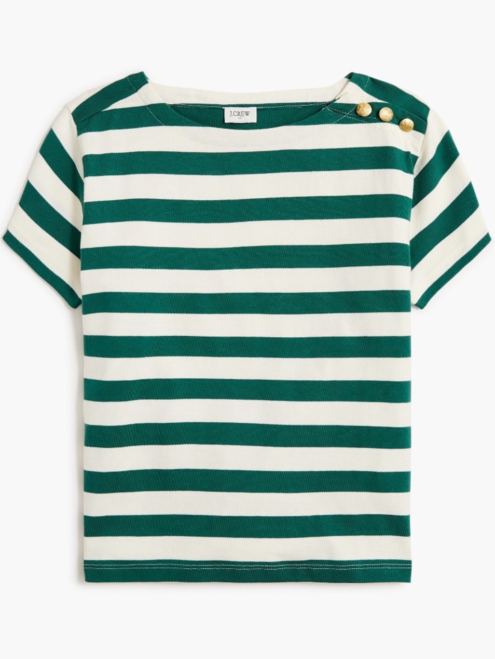 J.Crew Factory Green Stripe Boatneck Top Gold Button Shoulder Cotton Top L
